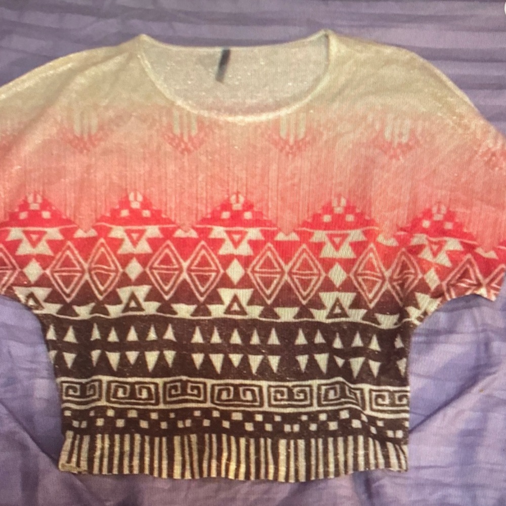 Boho Aztec Print Short Sleeve Sweater Top - Pink Gradient